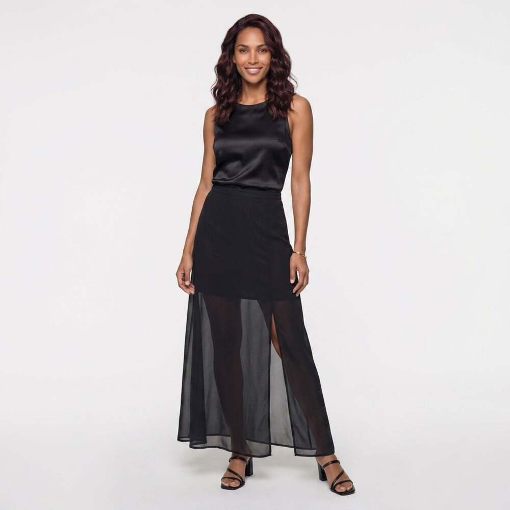 Charlotte Russe Black Double Layer Sheer Maxi Skirt with Side Slit